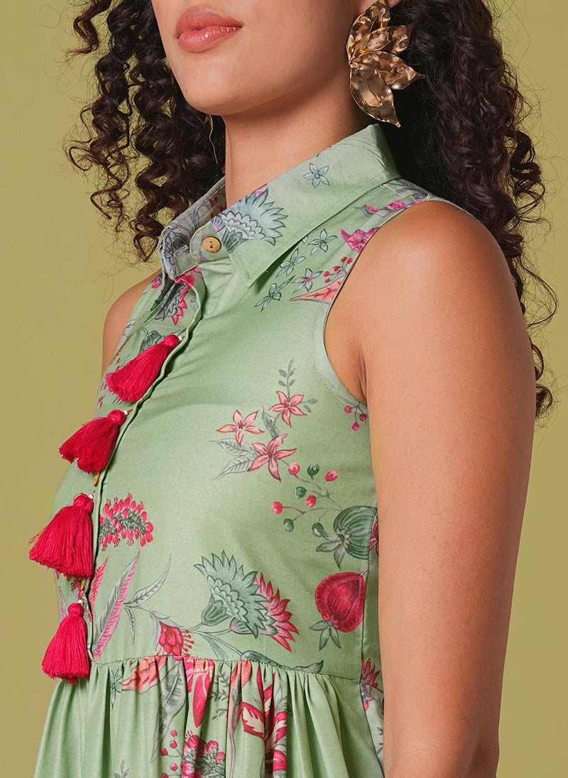 Globus Women Green Shirt Collar Floral Print Tassel Detail Gathered A-Line Tiered Midi Fusion Dress - Image 5